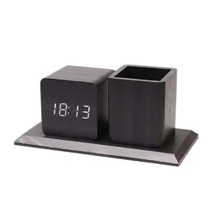 X1406 2024 Evertop Top Venda Despertador para escritório Desktop multifuncional porta canetas de madeira Relógio de mesa