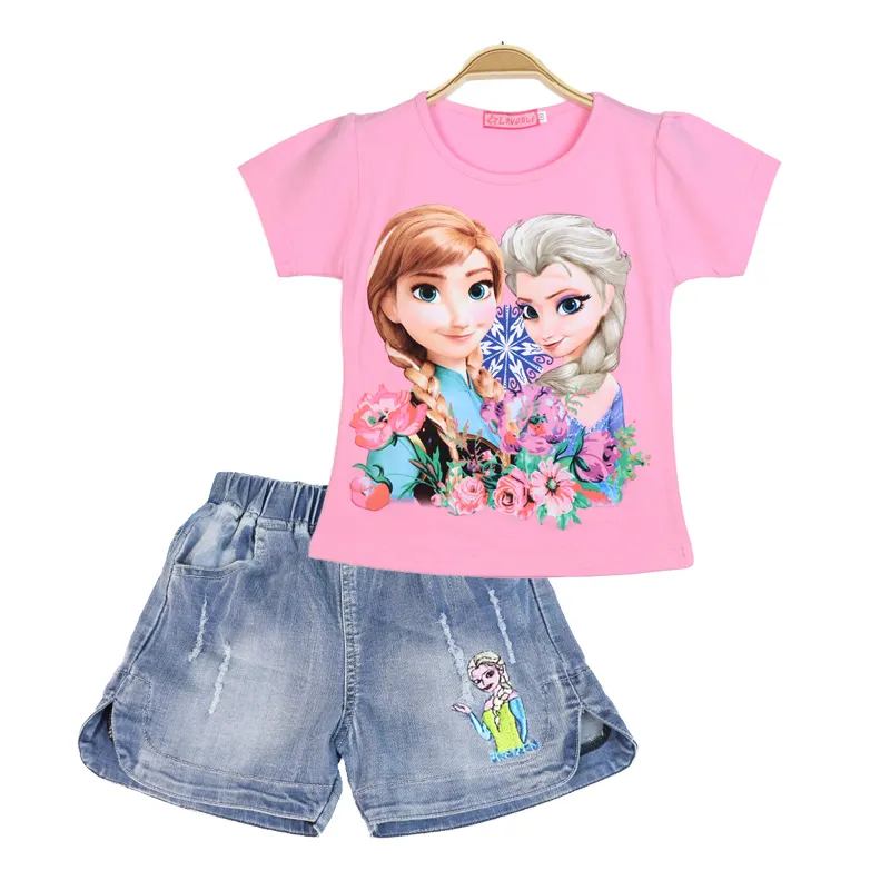 Girls Outfits Short Sleeve Cartoon Elsa Anna Summer Kids Jeans Shorts Clothing Two-piece Set Children Clothes Fashion