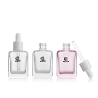 Botol tetes minyak Serum kaca transparan Pink persegi kosong 30ml dengan penetes putih untuk kemasan perawatan kulit