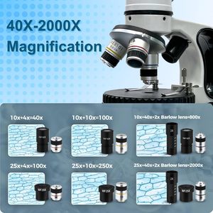 Microscope composé monoculaire pour adultes et débutants, 40X-2000X, LED, kit d'expérimentation avec diapositives pour l'éducation à domicile (blanc noir) - Product Image 4