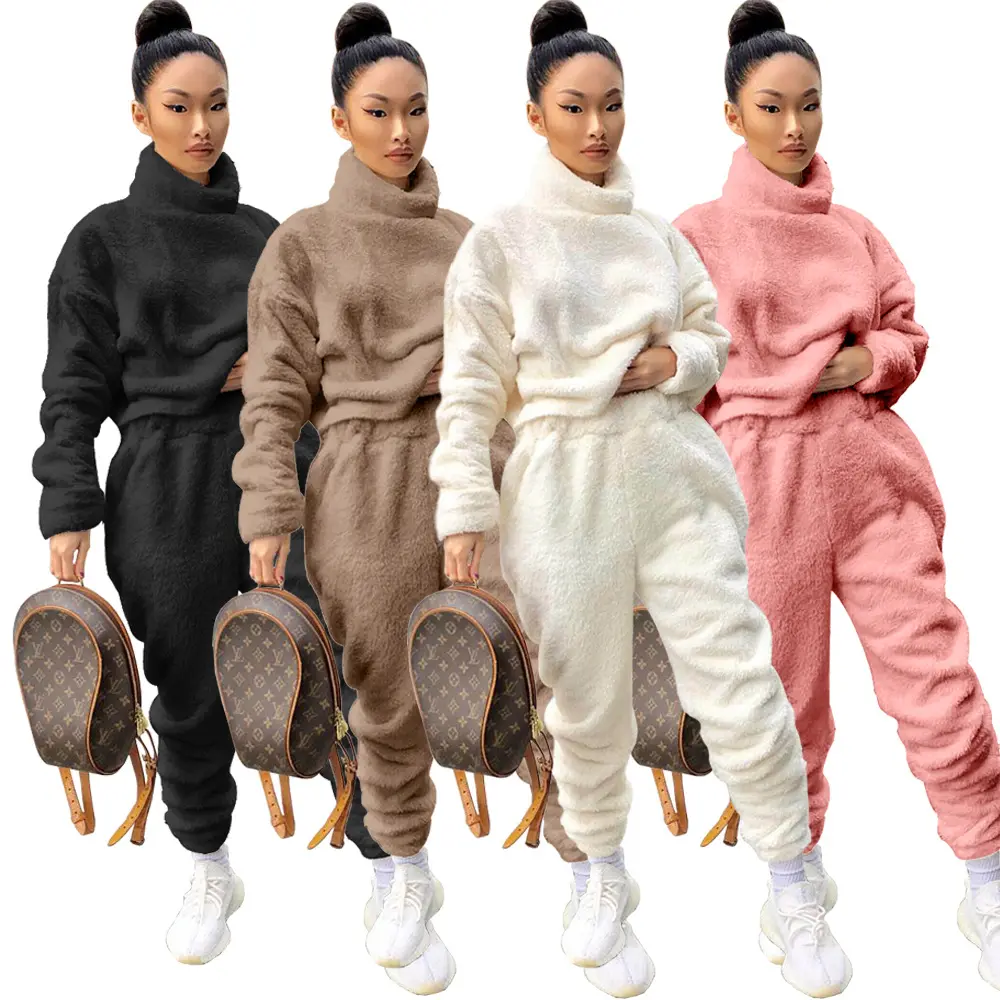 Winter 2021 women fashion stand collar velvet tracksuit coats jackets casual sweat suit fall clothing two piece pant set