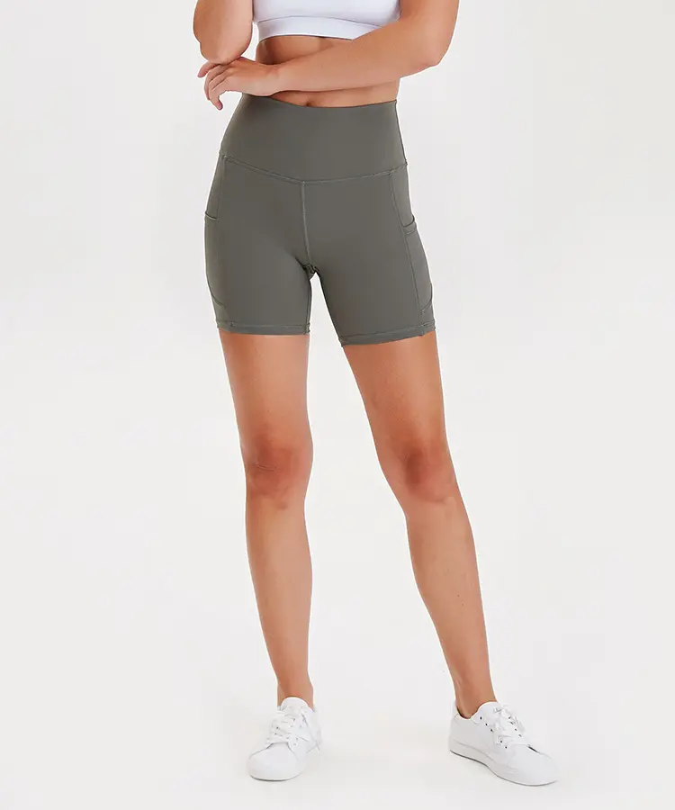 Pantalones cortos de compresión de LICRA para mujer, con bolsillo, sensación desnuda, pantalones cortos de Ciclismo de cintura alta, talla grande
