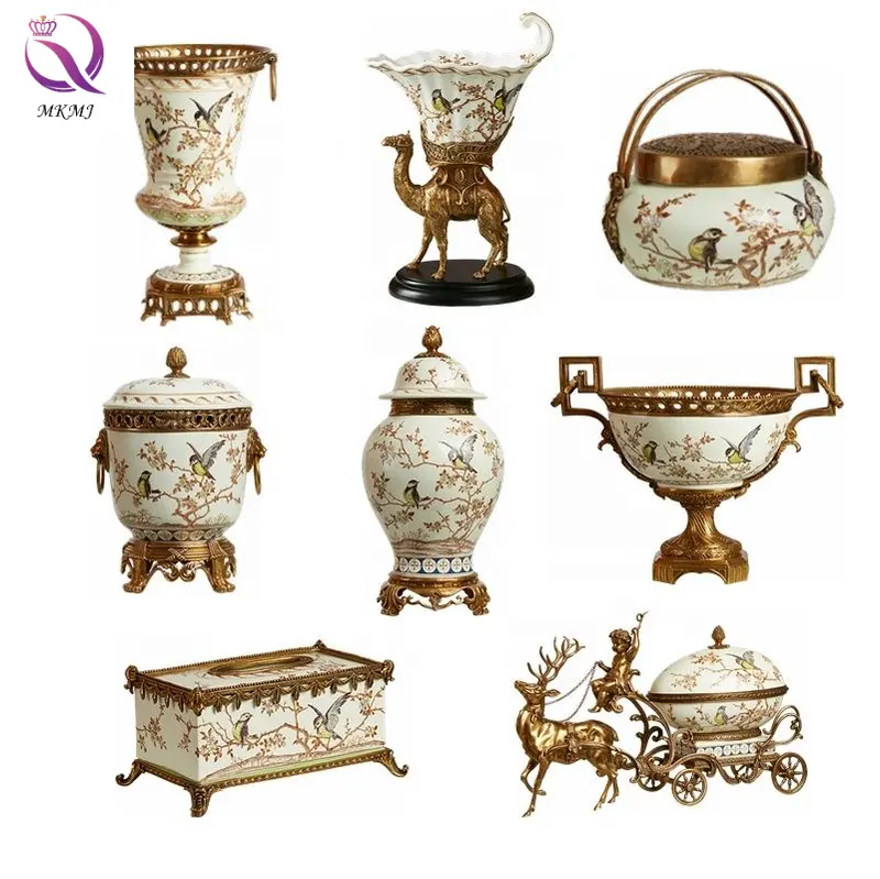 French palace Antique luxury ceramic with brass hand-painted flower and bird porcelain home living room retro desktop decoration