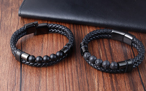 Bracelet en cuir tressé double couche pour homme avec perles en pierre de lave et fermoir magnétique en acier inoxydable PVD Gunblack - Product Image 6