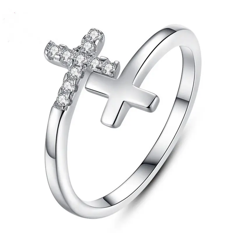 925 Sterling Silver Open Adjustable Christian Faith Cross Ring For Women, Dainty Inspirational Jewelry Zircon Cross Ring 925