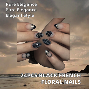 24 <span class=keywords><strong>Uñas</strong></span> Postizas Francesas Negras, <span class=keywords><strong>Diseño</strong></span> Floral Retro Simple, <span class=keywords><strong>Uñas</strong></span> Postizas Cortas con <span class=keywords><strong>Diseño</strong></span> de Almendra, Cobertura Completa, <span class=keywords><strong>Uñas</strong></span> Artificiales a Presión para Dedos - Product Image 3