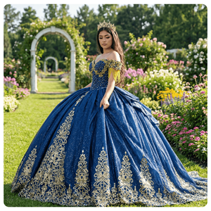 Vestido de Quinceañera Azul Marino y Dorado Wx238, Vestido de Fiesta con Cuentas, Vestido de 16 Años, Vestidos de 15 Años Jancember - Product Image 1