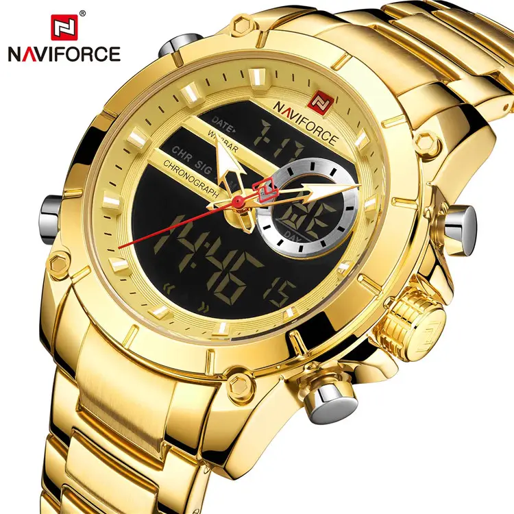 Naviforce 9163 Men Sport montre Gold Quartz Steel Waterproof Dual Display Male Watches reloj montre