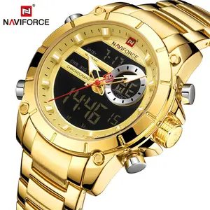 Naviforce 9163 גברים ספורט montre זהב קוורץ פלדה עמיד למים תצוגה כפולה זכר שעונים reloj montre