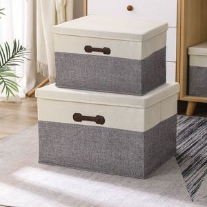 Sturdy Construction Foldable Storage <b>Bins</b> PU Leather Handles Fabric Storage Box with Lid - Product Image 1
