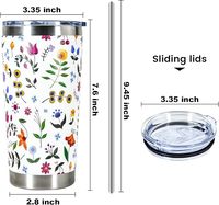 Tumbler dengan Tutup dan Sedotan, Mug Kopi Motif Bunga, Mug Perjalanan Berinsulasi Vakum Dinding Ganda, Dapat Digunakan Kembali