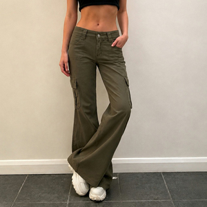 Women Low Waist Cargo Flare Pants Multi Pocket Wide Leg Trousers Casual Streetwear Slim Fit <b>Stretch</b> Bell Bottom Pants - Product Image 3