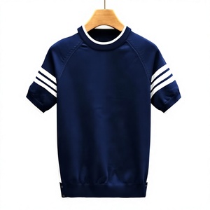 T-shirt décontracté pour homme bleu marine à manches courtes, coupe classique, col rond, en maille polyester/coton, écologique, anti-boulochage, avec bordure contrastante - Product Image 2