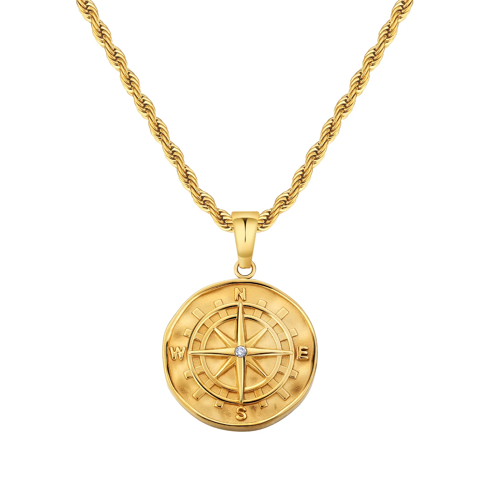 KRKC Wholesales Vintage Compass Premium Stainless Steel 18K Gold Plated layered Medallion Coin Pendant Men Gold Necklace for Men