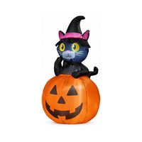 Halloween Aufblasbare Plastik-Schwarze Katze auf Kürbis mit LED-Lichtern für Außenbereich Garten & Hof Feiertagsdekoration