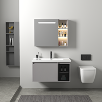 Meuble de salle de bain en PVC de luxe moderne pour hôtel, 60 cm, avec miroir LED, vasque en céramique et comptoir, résistant à l'eau, à fixation murale