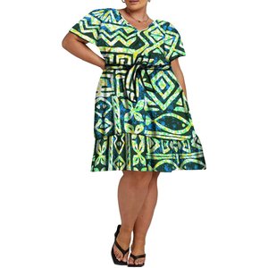 Pacific Island <strong>Plus</strong> <strong>Size</strong> Women <strong>Dress</strong> Customize Polynesian <strong>Dresses</strong> Elegant V-Neck Printed Lace up Waist Midi Length Casual <strong>Dress</strong> - Product Image 2