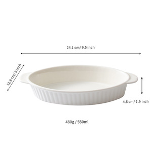 Bandeja de horno ovalada de cerámica blanca de 24.1 cm con asas, apta para microondas, para servicio de comida y té en hoteles. - Product Image 1
