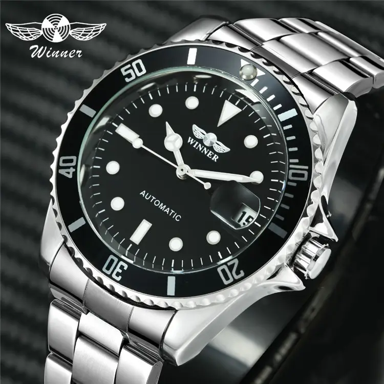 Winner 320-Reloj Automático clásico oficial para hombre, relojes mecánicos de negocios, correa de acero de lujo, relojes de pulsera con calendario