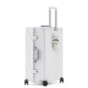 2023 नई आगमन थोक Multifunctional ABS पीसी सूटकेस सभी एल्यूमीनियम सामान पर ले जाने के लिए कोई जिपर के साथ कप धारक