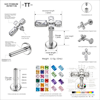 Clous de piercing labret en titane TT ASTM F136 16G avec incrustation de zircone cubique en forme de croix, qualité implant G23, pour oreille, tragus, hélix, cartilage, bijoux de piercing corporel