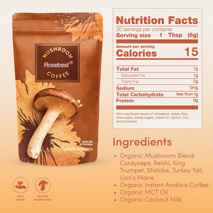 مسحوق قهوة عضوي من مزيج فطر عرف الأسد وشيتاكي وكورديسيبس وذيل الديك الرومي وجانوديرما لوسيدوم من روز بيست، تصنيع حسب الطلب بعلامة تجارية خاصة - Product Image 6