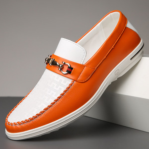 Mocassins en cuir orange pour hommes, bout rond, doublure en mesh, semelle EVA, respirants, à enfiler, chaussures décontractées d'automne - Product Image 1