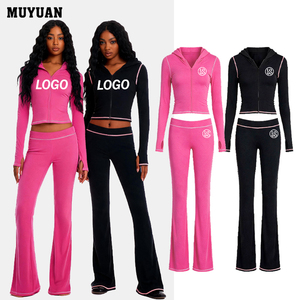 Completo Sportivo da <span class=keywords><strong>Donna</strong></span> in Due Pezzi, <span class=keywords><strong>Tuta</strong></span> da Jogging Estiva Traspirante in Cotone e Spandex con Zip e <span class=keywords><strong>Pantaloni</strong></span> Lunghi - Product Image 1