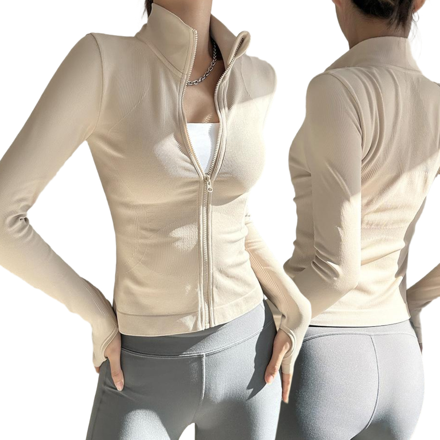 [Factory Direct] Seamless Windproof Yoga Jacket Women Full Zip Stand Collar Nude-Feel Slim Fit Front Logo Gym Workout Top