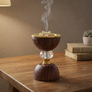Quemador de incienso de madera con adornos dorados y base de cristal, difusor de aromaterapia para uso en todas las estaciones, decoración para Ramadán y Eid. - Product Image 1