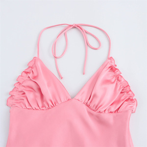 Summer Woven <strong>Satin</strong> Women's Casual <strong>Halter</strong> Neck A-Line Midi Sexy Backless Streetwear Solid Color Dress for Vacation Party - Product Image 3