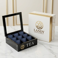 Coffret à thé professionnel Landy à 9 compartiments en bois, noir brillant avec fenêtre gravée, boîte de rangement pour hôtel, restaurant, usine