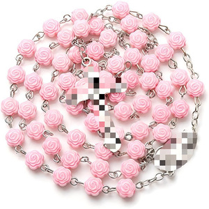 Collier chapelet rose en résine, perles en résine, chaîne en argent, bijoux cadeau unisexe - Product Image 1