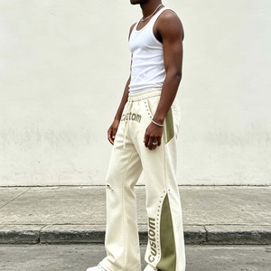 Custom <b>Flare</b> Sweatpants <b>Men</b> Elastic Waist Drawstring Distressed Ripped Rivets Casual Pants - Product Image 2