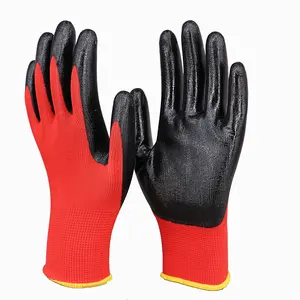 Guante de trabajo industrial construcción directa de fábrica edificio desgaste resistente trabajo antideslizante negro rojo recubierto guantes de nitrilo