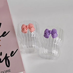 Hồng BOW Cao Borosilicate cốc thủy tinh sọc kem lạnh uống cốc thủy tinh 3D Bowknot thiết kế Cà Phê Cốc thủy tinh - Product Image 4