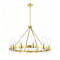 Lustre moderne noir en forme de roue de chariot, 12 lumières, hauteur réglable, suspension LED, abat-jour en verre cylindrique transparent, lampe suspendue en métal