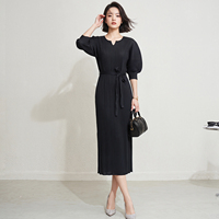 En stock, robe midi plissée élégante pour femme, à manches bouffantes, col montant, ceinturée, en crêpe tissé infroissable, taille unique, pour le bureau et les soirées