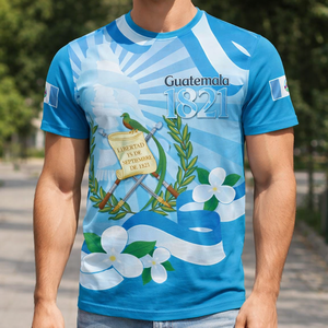 Maglietta per il Giorno dell'Indipendenza della <span class=keywords><strong>Guatemala</strong></span> dal 1821, con stemma e <span class=keywords><strong>Tikal</strong></span>, 1821 9.15, in poliestere - Product Image 1