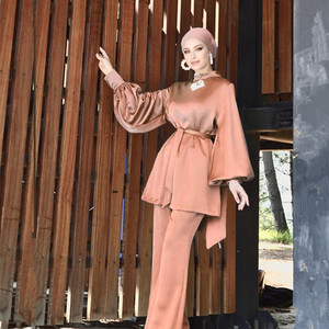 Silk Satin Muslim <b>Women</b> <b>Abaya</b> Set Two Piece Blouse and Pant Solid Color Modest Dress Outfit Spring - Product Image 1