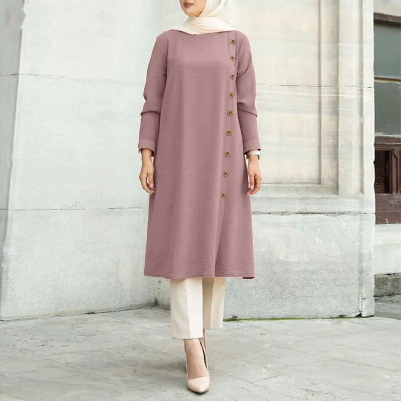 New Muslim Loose Casual Long Sleeve Button Decoration Women's Long Sleeve Shirt Dress Middle East