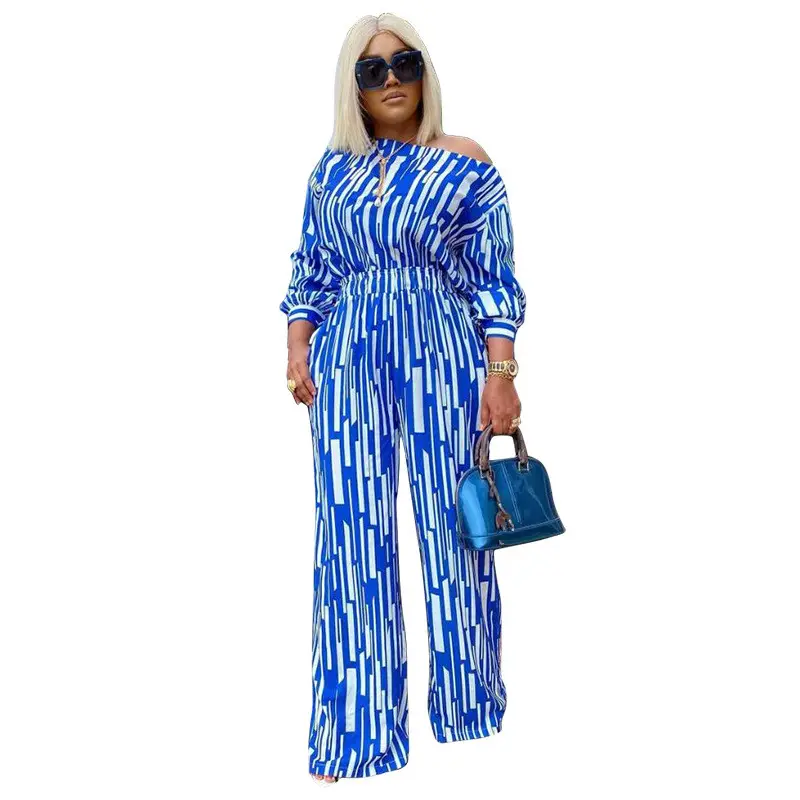 R12618S Large size women's 4XL striped printing oblique long sleeves shoulder loose fashion casual suit