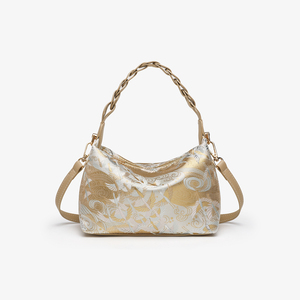 Sac fourre-tout en satin jacquard pour femme avec broderie dorée, fermeture à cordon souple, logo personnalisé, sac à main pour femme - Product Image 1