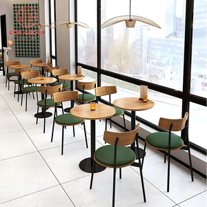 ชุดเก้าอี้โต๊ะไม้และฐานโลหะสำหรับร้านอาหารเชิงพาณิชย์เฟอร์นิเจอร์รับประทานอาหารหนังสีเขียวพร้อมโต๊ะเก้าอี้ไม้ - Product Image 4