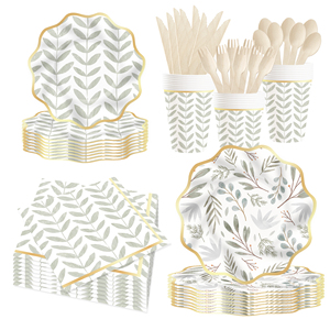 ชุดตกแต่งธีมงานวันเกิด DAMAI ขายส่งจำนวนมาก ชุดจานกระดาษลายใบไม้สีเขียวอ่อนทันสมัย ผ้าปูโต๊ะ ชุดภาชนะใช้แล้วทิ้งสำหรับงานปาร์ตี้ - Product Image 2