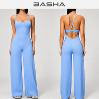 Combinaison de yoga BASHAsports à bretelles spaghetti et dos croisé, jambe large, en nylon brossé et élasthanne, style body cousu