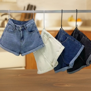 Nouveau design, short en jean décontracté pour femme, taille haute, coupe droite, couleur unie, délavé, avec ourlet contrastant et poches, idéal pour l'été - Product Image 1