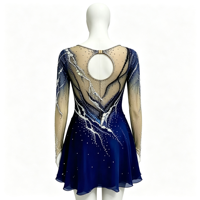 Robe de patinage artistique bleu marine, manches longues en maille, découpe circulaire au dos, ornée de strass, pour femmes et filles, compétition, spectacle sur glace