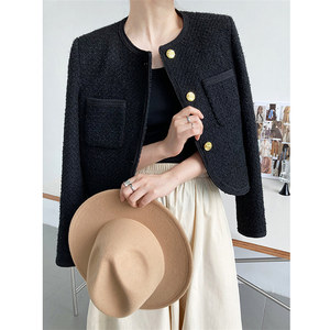 Áo khoác <span class=keywords><strong>tweed</strong></span> ngắn phong cách Pháp mùa thu đông nữ đơn giản, áo len trơn không tay thanh lịch, áo cardigan ngắn cài nút - Product Image 2