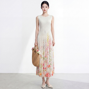 Robe longue plissée en mousseline tissée écologique sans manches, col rond, taille naturelle, mi-mollet, décontractée d'été pour femme - Product Image 5
